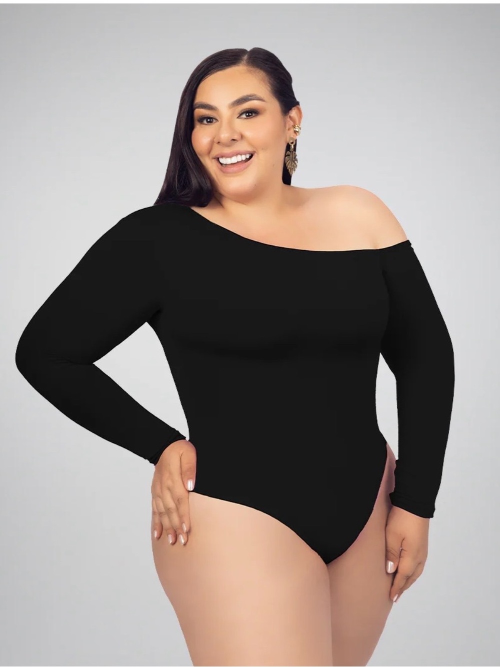 Plus Size Off-Shoulder Long Sleeve Black Bodysuit